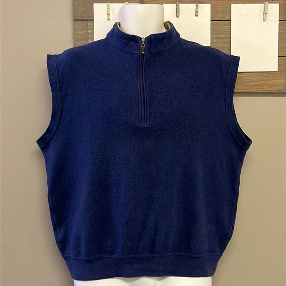 Peter Millar Other - Peter Millar Men’s Heather Blue Cotton Zip-Up Outdoor Vest w/ Tan Collar-Medium